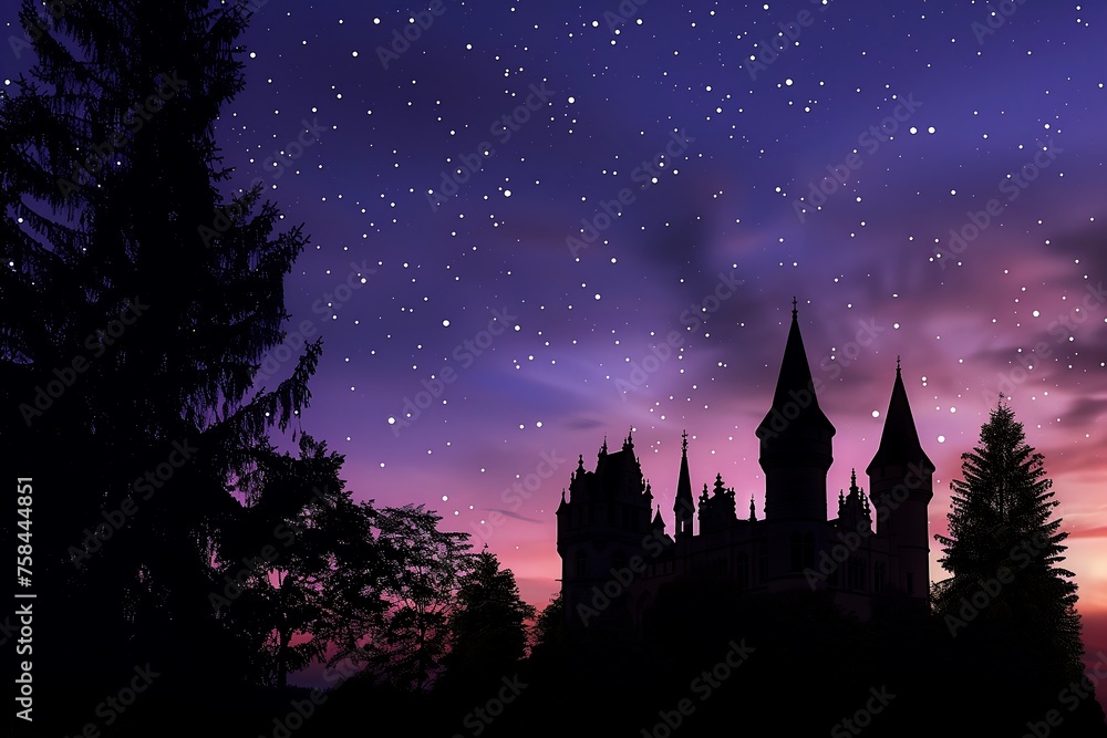 Storybook Castle Silhouette against a Starry Night Sky