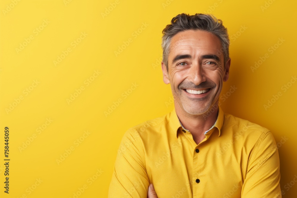 Portrait of handsome mature man smiling and looking at camera against yellow background Portrait of handsome mature man smiling and looking at camera against yellow background