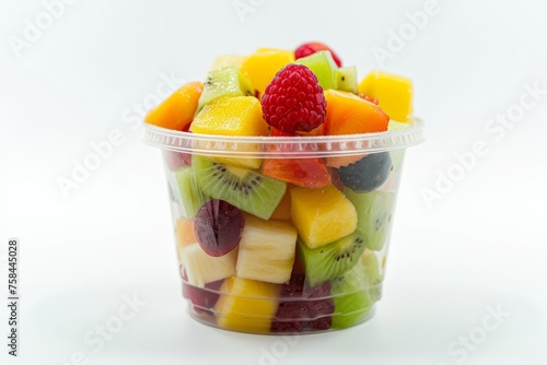 Plastic cup with fresh fruit salad, white background