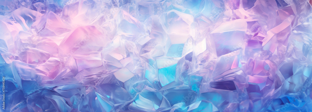 Translucent crystals in blues and pinks mimic a frozen dawn landscape, their intricate details creating a serene, otherworldly scene. Banner. Copy space. Translucent crystals in blues and pinks mimic a frozen dawn landscape, their intricate details creating a serene, otherworldly scene. Banner. Copy space.