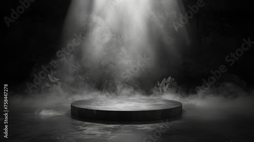 Podium black dark smoke background product platform abstract stage texture fog spotlight. Dark black floor podium dramatic empty night room table concrete wall scene place display studio smoky dust