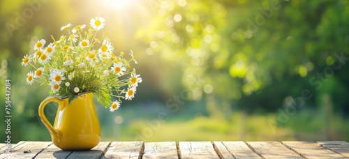 Yellow pitcher with daisies on wooden table