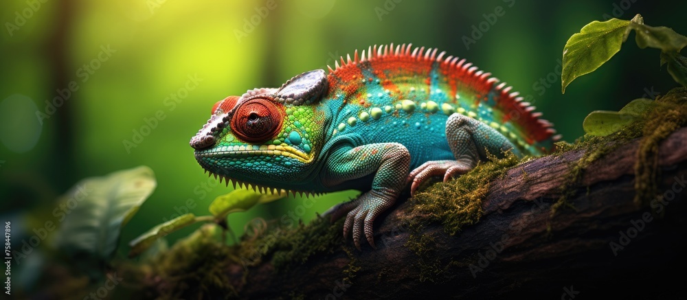Fototapeta premium A vibrant electric blue chameleon blends in with the lush green grass and the branches of a terrestrial plant in the jungle, a stunning subject for macro photography