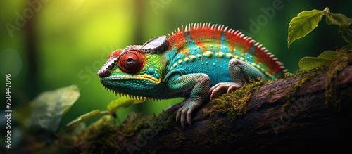 A vibrant electric blue chameleon blends in with the lush green grass and the branches of a terrestrial plant in the jungle, a stunning subject for macro photography © TheWaterMeloonProjec