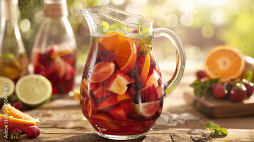 A pitcher of refreshing sangria filled with sliced fruit and chilled to perfection.