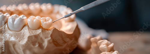 Cross-section of dental implants in the jaw, illustrating the placement and osseointegration process. photo