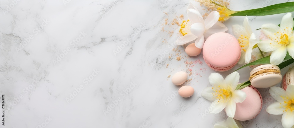 Business card mockup with spring flowers and macaroons on concrete background.