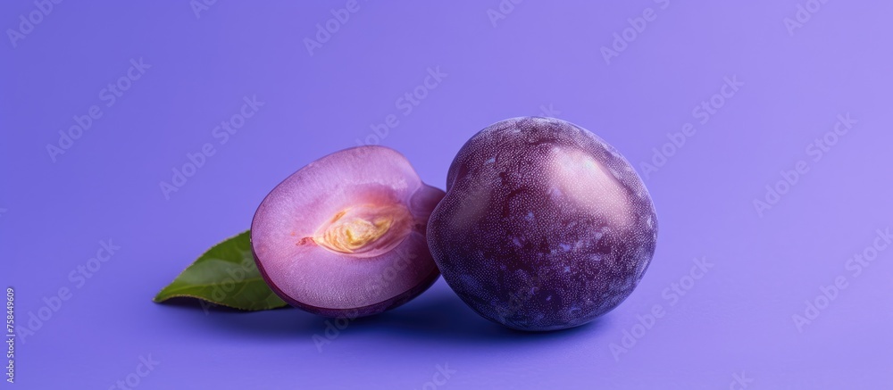 Organic purple plum with cut out segment on violet background. Yellow flesh pit close up. Creative food. Trendy minimalist style. High resolution poster banner. Organic purple plum with cut out segment on violet background. Yellow flesh pit close up. Creative food. Trendy minimalist style. High resolution poster banner.