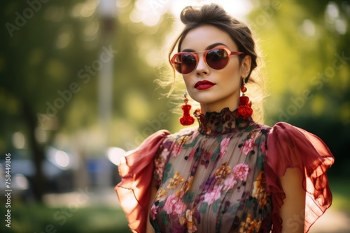 Beautiful young woman with bright makeup and sunglasses in the summer park