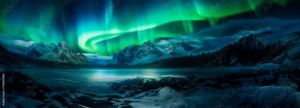 The northern lights unfurl over snow-capped peaks, their picturesque glow imparting a profound, wondrous calm. Banner. Copy space.