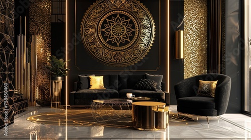 A modern black and gold home interior with a mandala design, featuring intricate patterns and shapes
