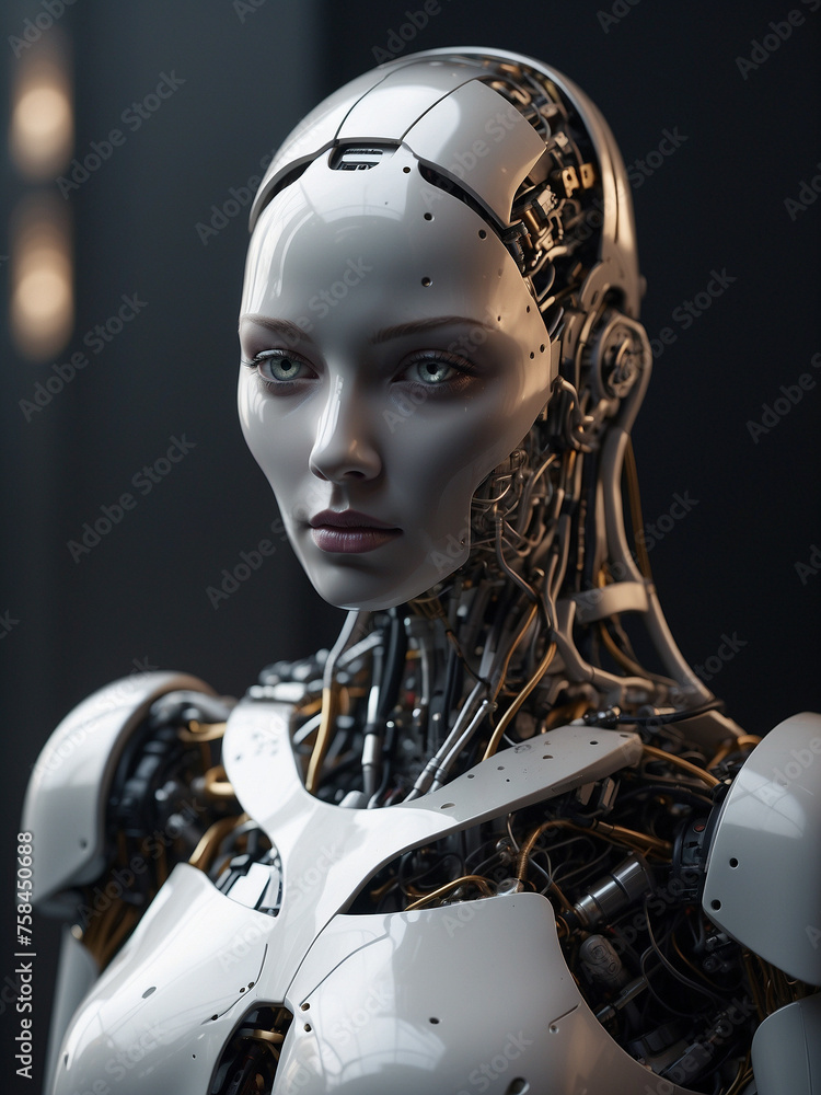 Close-up of a female-looking android with intricate cybernetic details