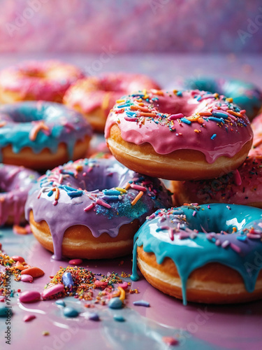 Colorful sprinkled donuts on pink background7 photo