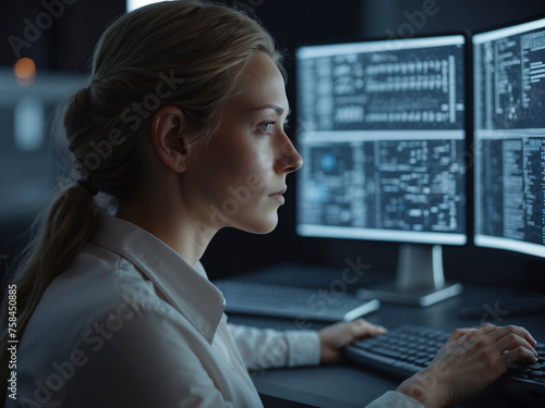 Futuristic Technology, Woman Contemplating Data Analytics with Coding Hologram.