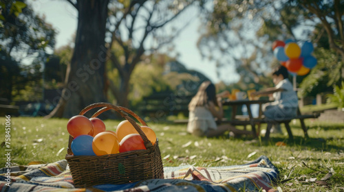 A picnic basket lies abandoned on a picnic blanket while the family wanders away to play with a balloon animal maker at a nearby table.