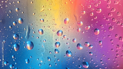 Abstract neon holographic multicolored rainbow background with oily drops. Drinks, cosmetics, spa, chemistry. concept close-up with space for text, for banner, poster, 