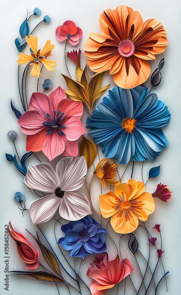 3d papercuts, in the style of surrealistic cartoons, detailed shading, realistic dreaming dry flowers with tonal classic vintage colors swirling vortexes traditional, vibrant 