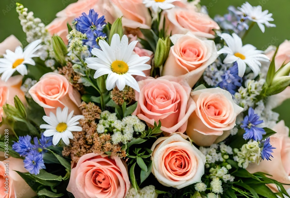 bouquet for loved ones, a Colorful Spring flower bouquet with leaves, peach color flowers, roses, Daisy flowers, white Daisy flower
