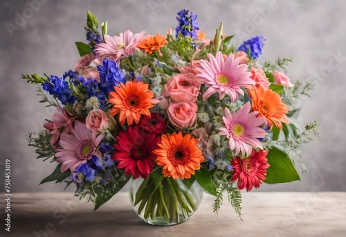 bouquet of flowers in vase, spring flowers, daisy, rose, lilly, leaves, purple flowers
