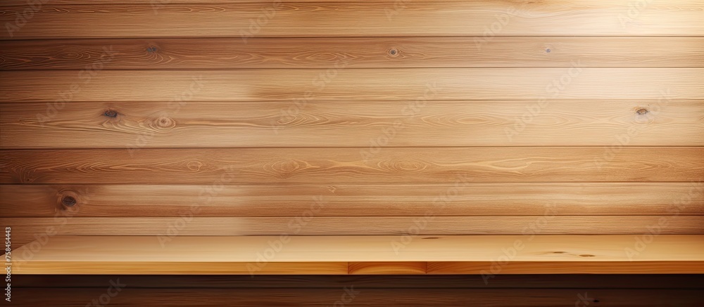A brown hardwood rectangular shelf with a varnish finish sits against an amber wooden wall, complementing the flooring with its wood stain pattern