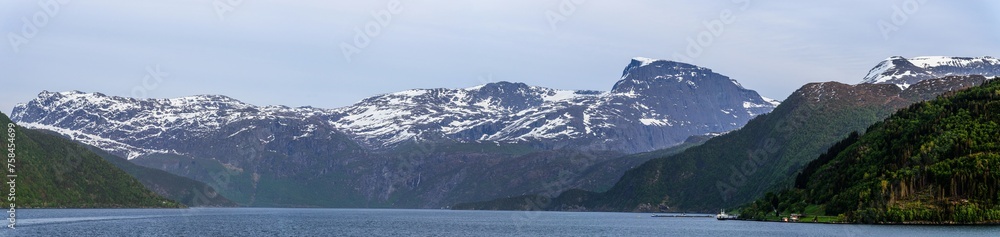 Panorama of Mountains and Fiord over Norwegian Village, Olden, Innvikfjorden, Norway, Europe