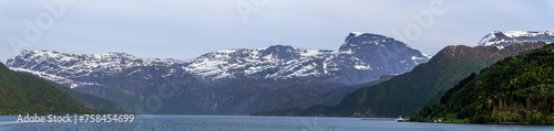 Panorama of Mountains and Fiord over Norwegian Village  Olden  Innvikfjorden  Norway  Europe
