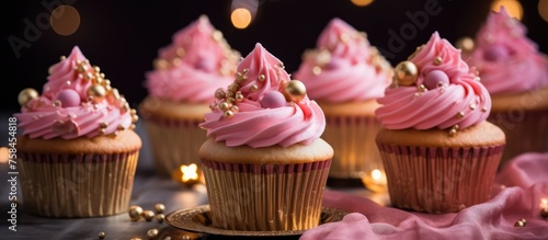 Pink frosting on cupcakes with golden decorations 