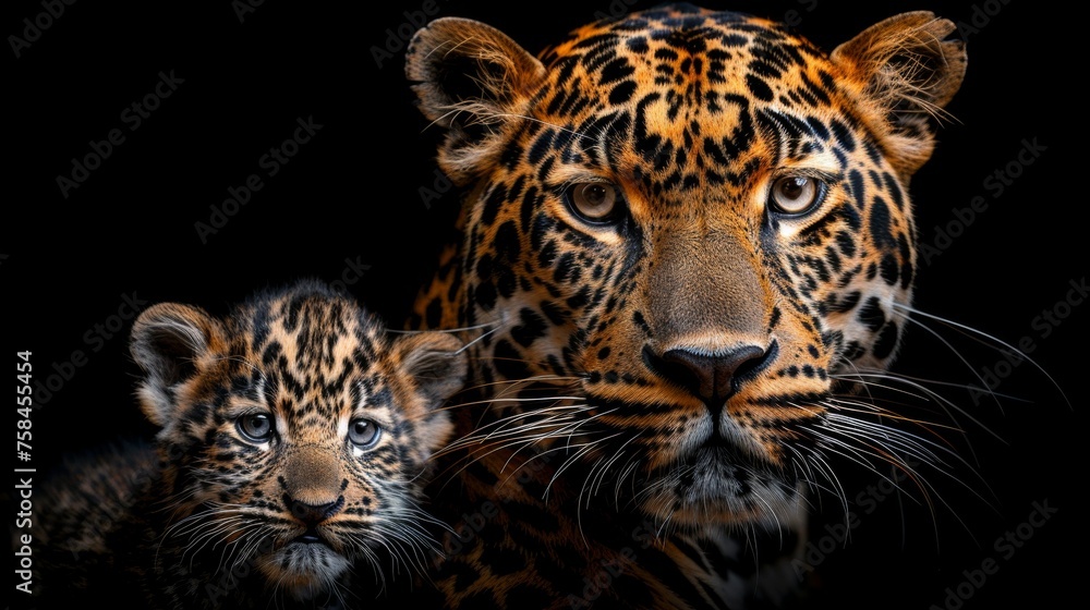 Fototapeta premium Male leopard and cub portrait, space for text, object on right side, ideal for adding information