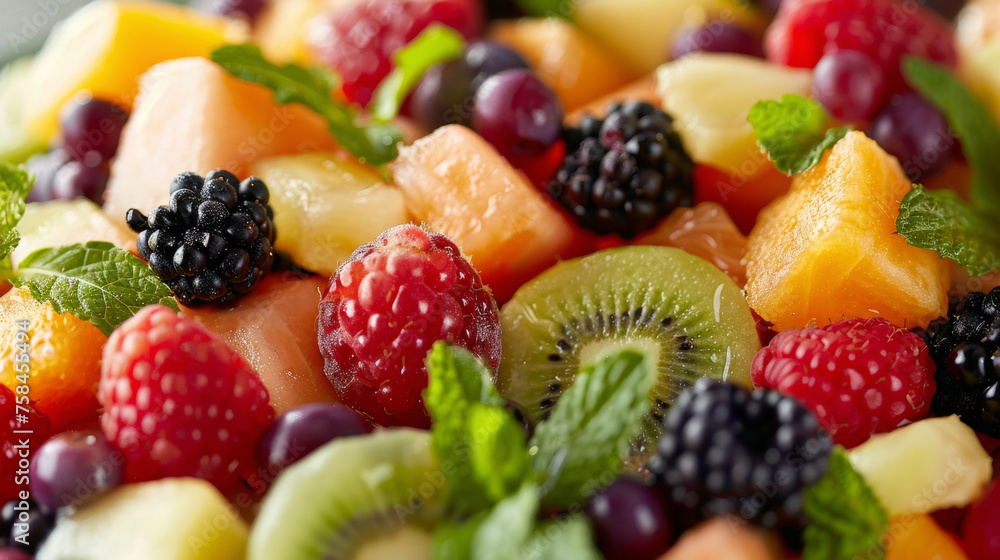 A closeup of a refreshing fruit salad with a mix of berries melon and citrus fruits perfect for a hot lakeside day. A closeup of a refreshing fruit salad with a mix of berries melon and citrus fruits perfect for a hot lakeside day.