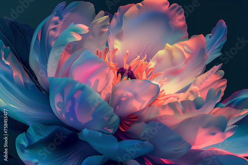 Peony flower in ultraviolet light on a dark background. With space for text.