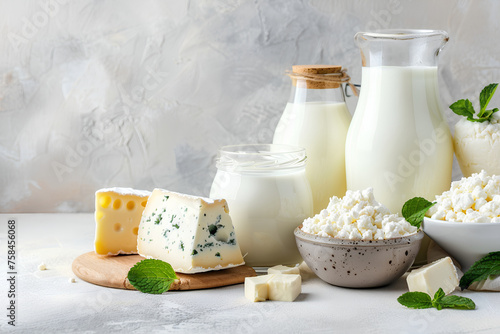 Creative banner for healthy farm dairy products store: Assortment of dairy products on light table - milk, cottage cheese, natural farm. Copy space with mint leaf accent.