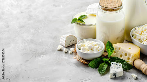 Creative banner for healthy farm dairy products store: Assortment of dairy products on light table - milk, cottage cheese, natural farm. Copy space with mint leaf accent.





