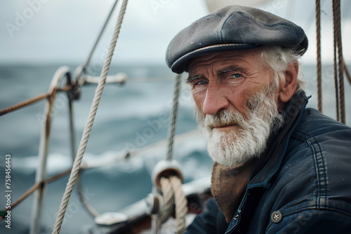 An elderly man with a skipper's beard donning a captain's cap, overlooking a fishing schooner sailing in the North Sea.





