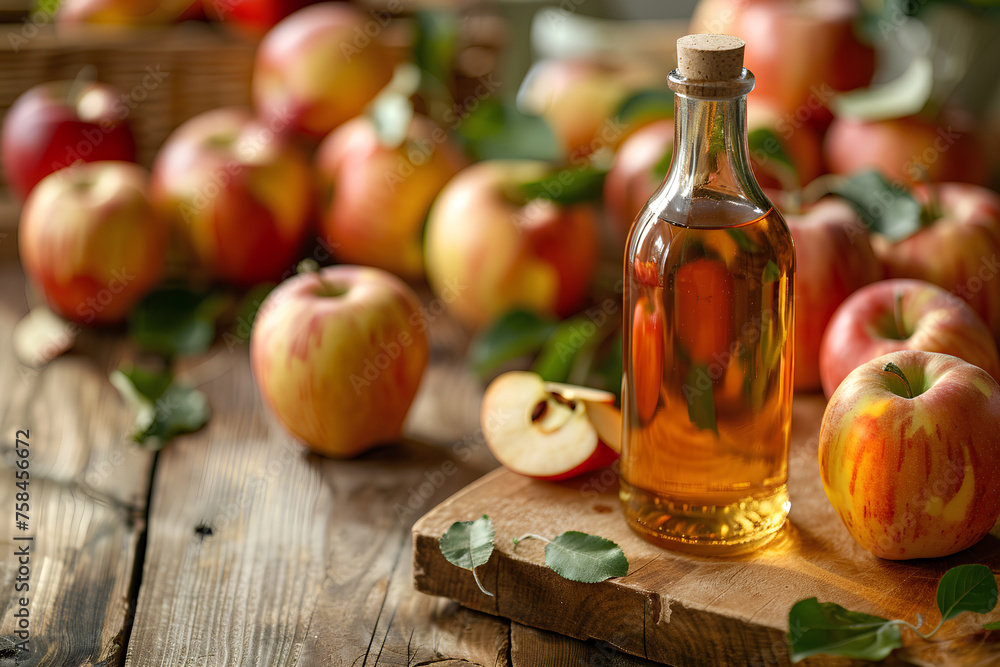 Rustic still life: Artisan apple cider vinegar in glass bottle, fresh apples on wooden kitchen table. Ample copy space, highlighting natural ingredient beauty.
Rustic still life: Artisan apple cider vinegar in glass bottle, fresh apples on wooden kitchen table. Ample copy space, highlighting natural ingredient beauty.