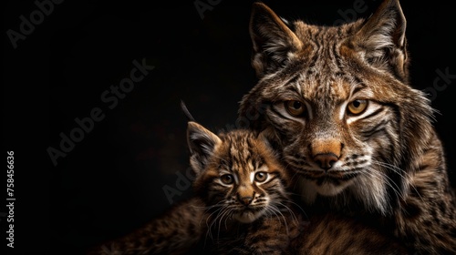 Andean mountain cat and kitten portrait with blank space for text and object on side