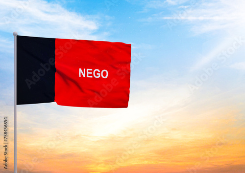 3D illustration of a Paraiba flag extended on a flagpole and in the background a beautiful sky with a sunset