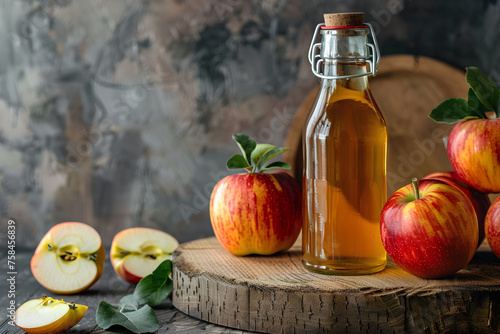 Rustic still life: Artisan apple cider vinegar in glass bottle, fresh apples on wooden kitchen table. Ample copy space, highlighting natural ingredient beauty.