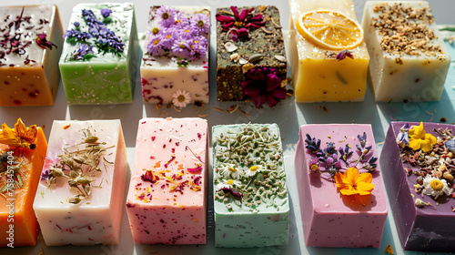Artisanal handmade soap collection: colorful bars with dried flowers and oils.