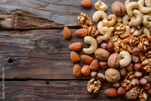 A pile of assorted nuts, including almonds, cashews, hazelnuts, and walnuts, displayed on a wooden background with ample copy space.