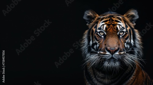 Majestic male tiger and playful cub pose together  empty space for text on left side