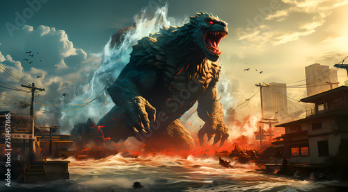 Godzilla, Gigantic Sea Monster Emerging from Ocean in Urban Destruction.. © Agustin A