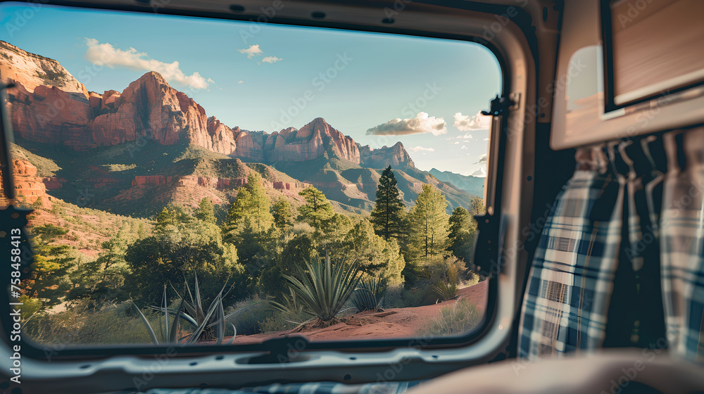 Close-up view of a camper van, with Arizona-like mountains in the background, epitomizing the off-road camping lifestyle.