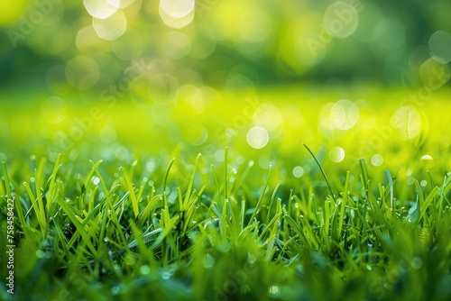 Vibrant green grass blades covered in sparkling water droplets
