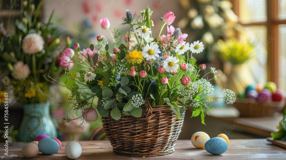 An Easter flower arrangement bouquet in a basket with Easter eggs stands on the festive dining table on Easter morning. An Easter flower arrangement bouquet in a basket with Easter eggs stands on the festive dining table on Easter morning.