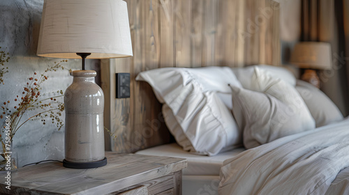 Rustic bedside table lamp illuminating modern bedroom with wooden headboard, reflecting French country, farmhouse, and Provence interior design.