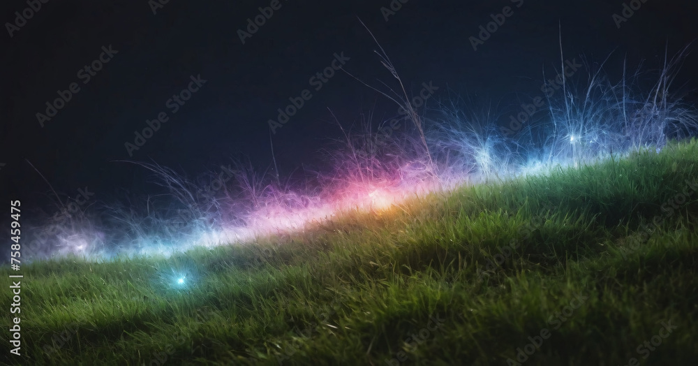 Green Grass and Rainbow Storm Lightnings under the Moon