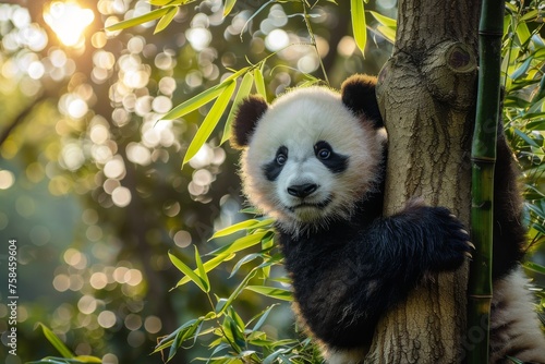 Panda hugging tree trunk
