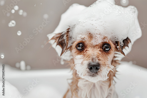 A cute dog takes a bath with lots of foam and bubbles. Awesome banner ad for pet shampoo. Pet care concept.