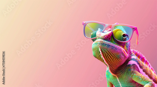 chameleon wearing sunglasses isolated on pink gradients background