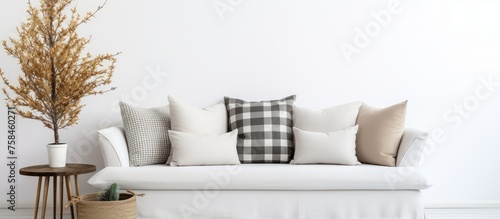 Interior wall mock up with velvet sofa, pillows, plaid and pine branch in vase on empty white background. © Vusal